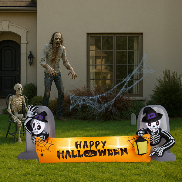 9.6FT Large Halloween Inflatable Decorations Skeleton Tombstone Banner, Outdoor Decorations Blow Up Yard Decor With Built-in LEDs For Halloween Holiday Party Outdoor Garden Yard Lawn Decor